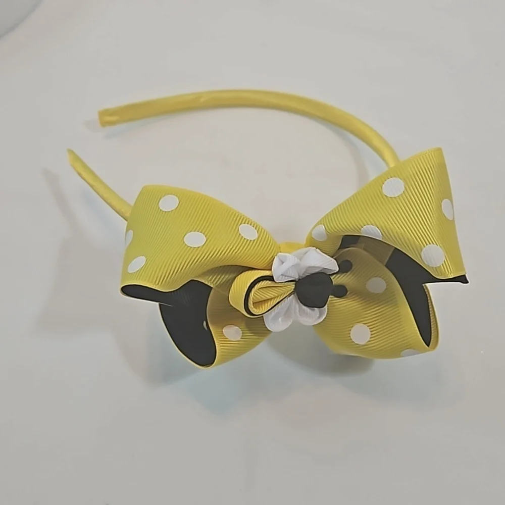 Hand Crafted Handmade Bow Hairband Yellow white polka-dot black contrast ribbon